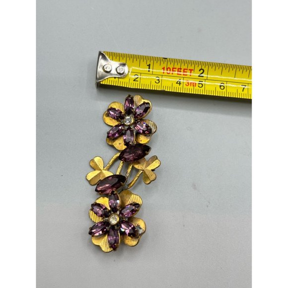 Antique Brooch Purple Rhinestones Flowers Clovers Leaf Pin Older Vintage Jewelry - Picture 6 of 6